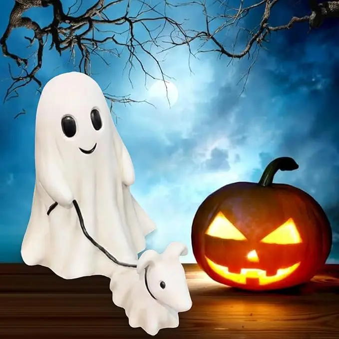 Ghost Walking Dog Statue, Spooky Ghost Dog Halloween Figurine, Funny Halloween Ghost Dog Ornament, Ghost Walking His Ghost Dog, Cute Ghost Walking Dog Decor for Indoor Outdoor