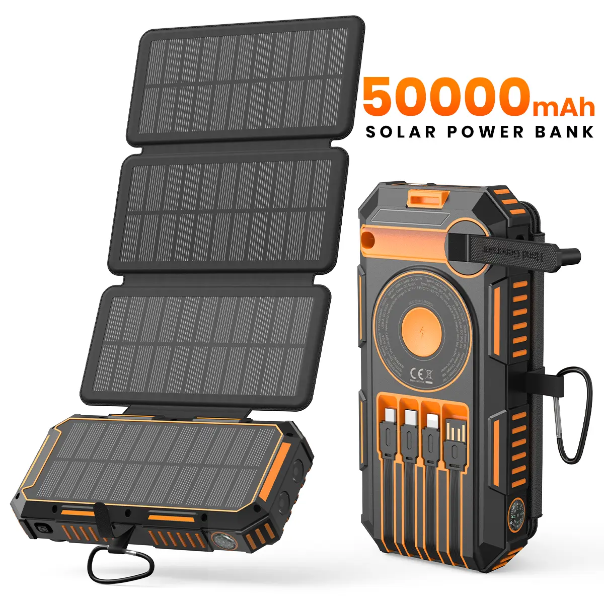 50000mAh solar charger portable power bank, wireless portable charger with 4 built-in cables and 7 outputs, 15W fast charging portable power bank with USB C, suitable for power outages, outdoor mobile device power supply, holiday gifts