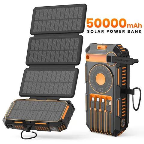 Hiluckey 50000mAh Solar-Powered Portable Power Bank - 15W Fast Wireless Charger, 4 Built-in Cables, 7 Outputs, USB-C, for Smartphone, Mobile Devices, Outdoor Use, Holiday Gifts, Outdoor Gadgets, Foldable Packs into Small Bags, Durable Construction