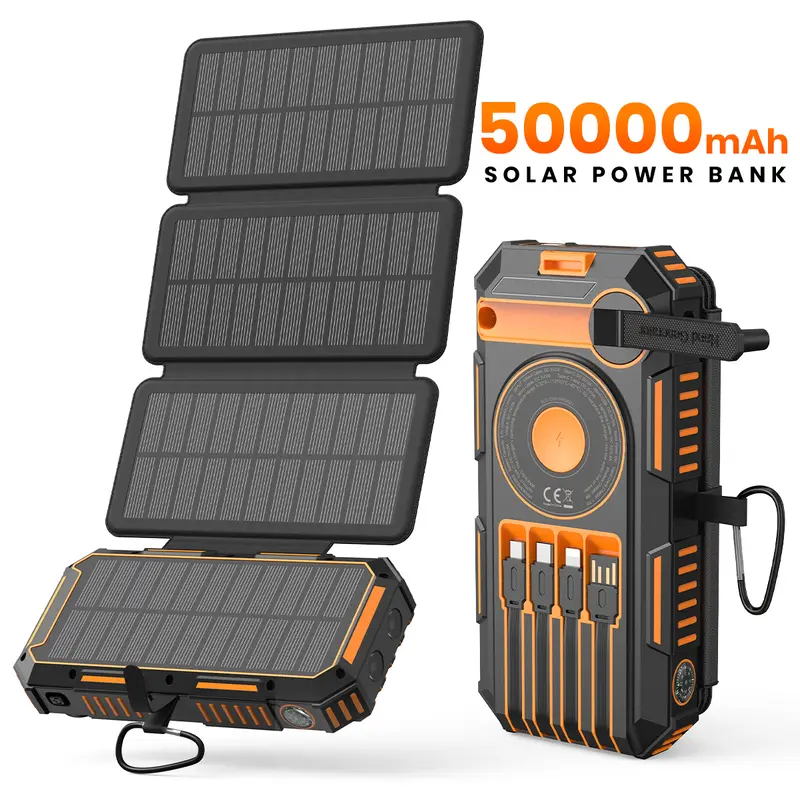 Hiluckey 50000mAh Solar Panel Power Bank Charger - 15W Fast Wireless Charger, 4 Built-in Cables, 7 Outputs, USB-C, Travel Battery Pack, Built for the Outdoors, Durable, Foldable for Small Bags, for Smartphones, Mobile Devices, Holiday Gifts
