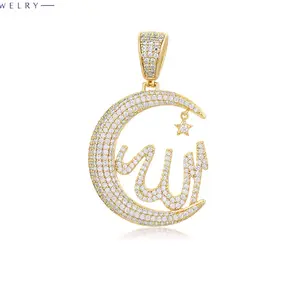 Gold Plated Crescent Moon Allah Pendant with Cubic Zirconia for Men and Women Islamic Jewelry
