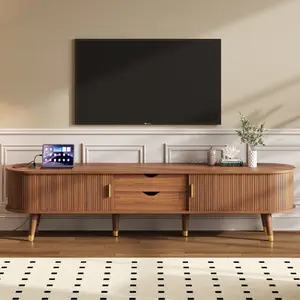 Wooden Oval Fluted TV Stand with Charging Station for TV up to 80", Mid-Century Media Console with Sliding Tambour Door, Farmhouse TV Cabinet with Golden Handle for Living Room, Walnut(High end and high-quality)