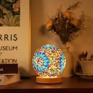 Mosaic Night Light Lamp, Glass Decorative Base Wooden Stand Ambient Lighting, Creative Ethnic Style Pattern USB Powered for Living Room Bedroom Desk Party Decoration, Indoor Lighting