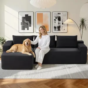 97" Cloud Sectional Couch, Modern Boneless Couch with L-Shape Chaise, Deep Seat Modular Sectional Sofa Corduroy Corner Foam Couches for Living Room,No Assembly Required(Black)