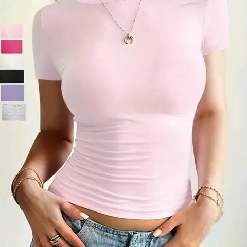 Women's Solid Round Neck Crop Tee, Casual Short Sleeve Crew Neck T-Shirt for Summer, Women's Fashion Top for Daily Wear, Casual Everyday Wear