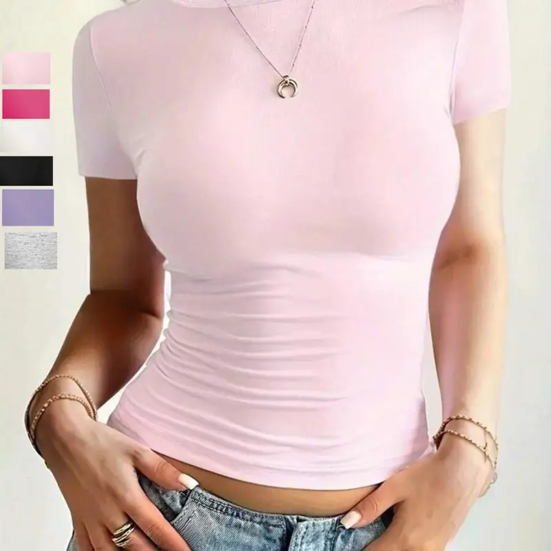 Women's Solid Round Neck Crop Tee, Casual Short Sleeve Crew Neck T-Shirt for Summer, Women's Fashion Top for Daily Wear, Casual Everyday Wear