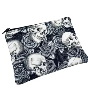 Skull and Roses Makeup Bag - Black with Skull and Rose Design, Zipper Closure, Ideal for Everyday Use