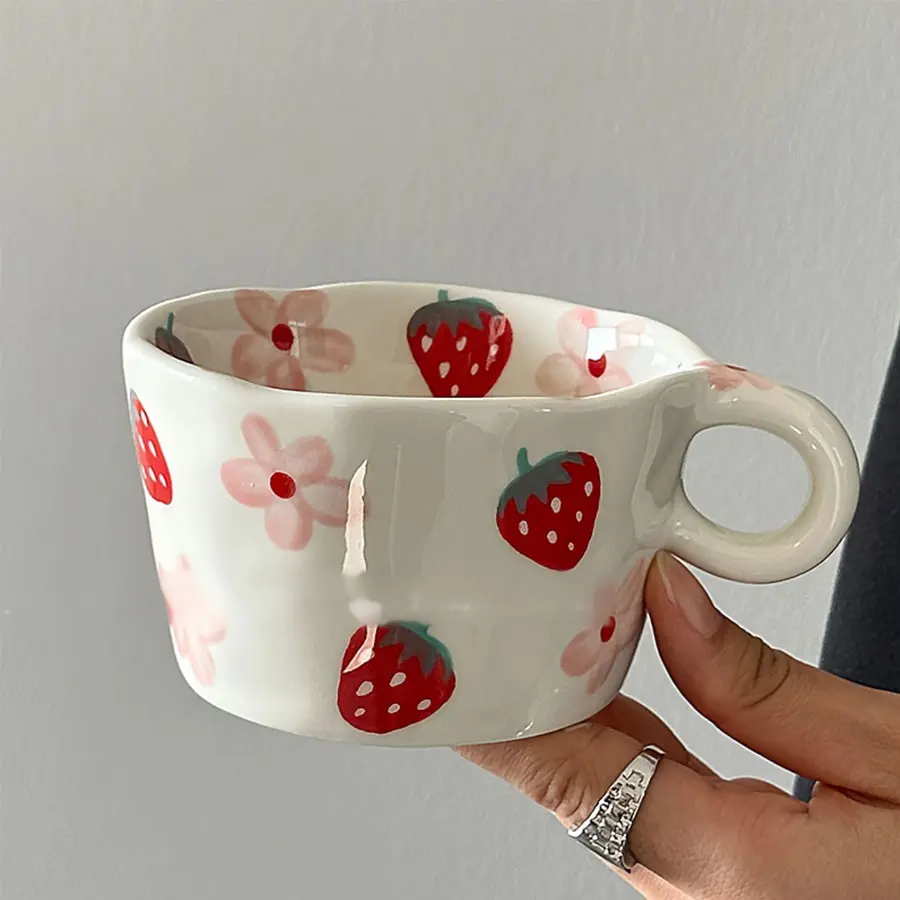 Hand-Drawn Strawberry Flower Ceramic Mug, Floral Mug, Style Coffee Cup, Funny Coffee Mug, Creative Art Design, Perfect for Breakfast & Valentine Gift, Aesthetic