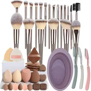 44Pcs Multifunctional Makeup Kit - Soft Bristle Brushes, Assorted Beauty Sponges, Silicone Cleaner & Eyebrow Razors - All-in-One Cosmetic Tool Set for Face & Eye Makeup