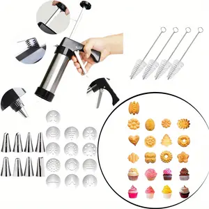 Cookie Press Set Stainless Steel Spritz Cookies Gun with 13 Cookie Discs & 8 Piping Tips and 6 Frosting Nozzle Cleaning Brush, Cookies Press for Baking for Cookie Maker and Cake Icing