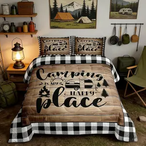 Happy Camping Comforter Set,Camper RV Trailer Decor Bedding Set for Kids Boys Girls Adults,Rustic Wooden Plank Geometric Grids Down Comforter,Brown Retro Duvet Insert