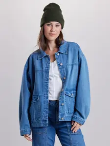 Women’s Workwear Denim Jacket – Long Sleeve Casual Street Style Cotton Button-Front Utility Jacket with Patch Pockets for Daily & All-Season Wear