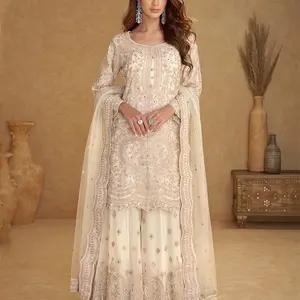 Soft Net fabric 3pcs Sharara Suit With Dori Embroidery - net sharara suit adorned with dori, stone and mirror embroidery.