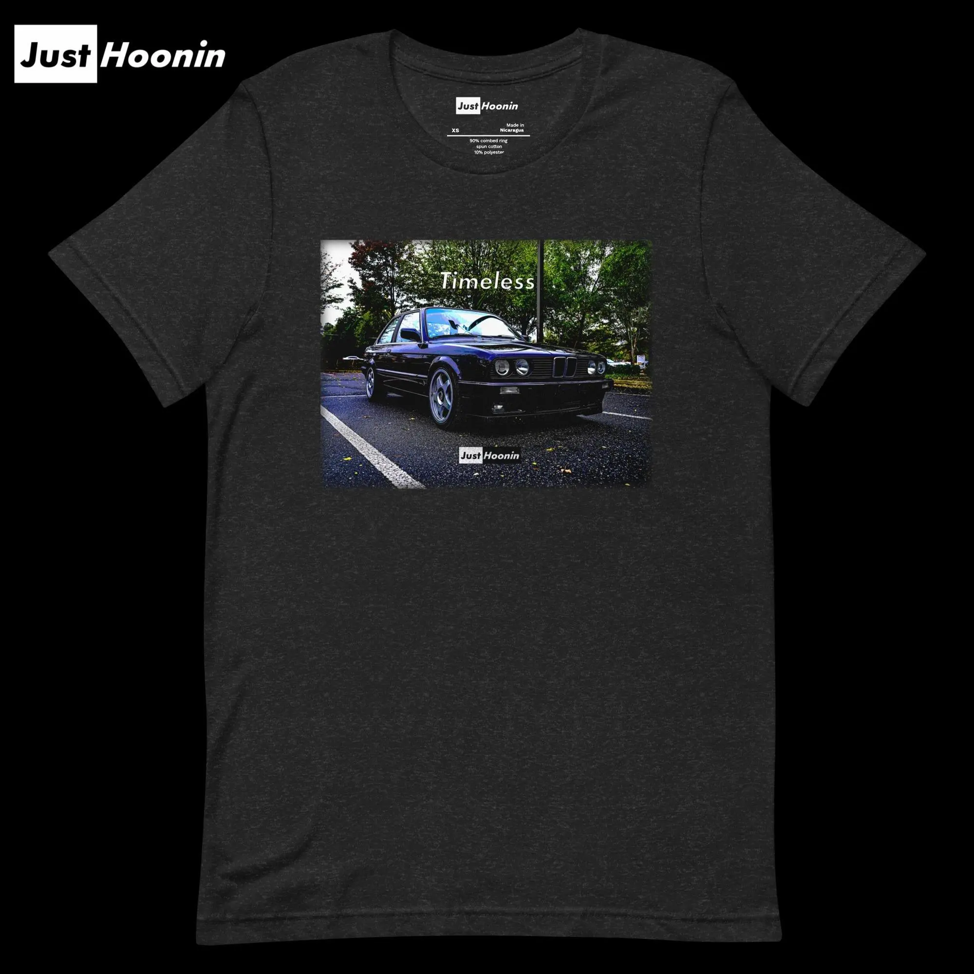 Just Hoonin Classic E30 Shirt - Black Cotton T-Shirt with Classic E30 Design and "Timeless" Text, Short Sleeve, Day Wear, Men's Top