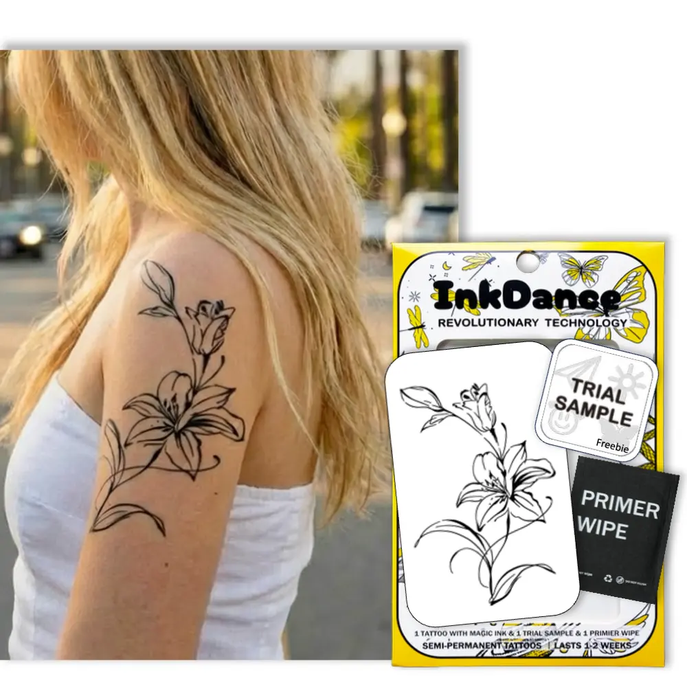 InkDance Semi-Permanent Tattoo, Lily, Cute Flower, Long Lasting Temporary Tattoos, Waterproof Plant-Based Ink, Lasts 1-2 Weeks, Color Develops in 24 Hours D337