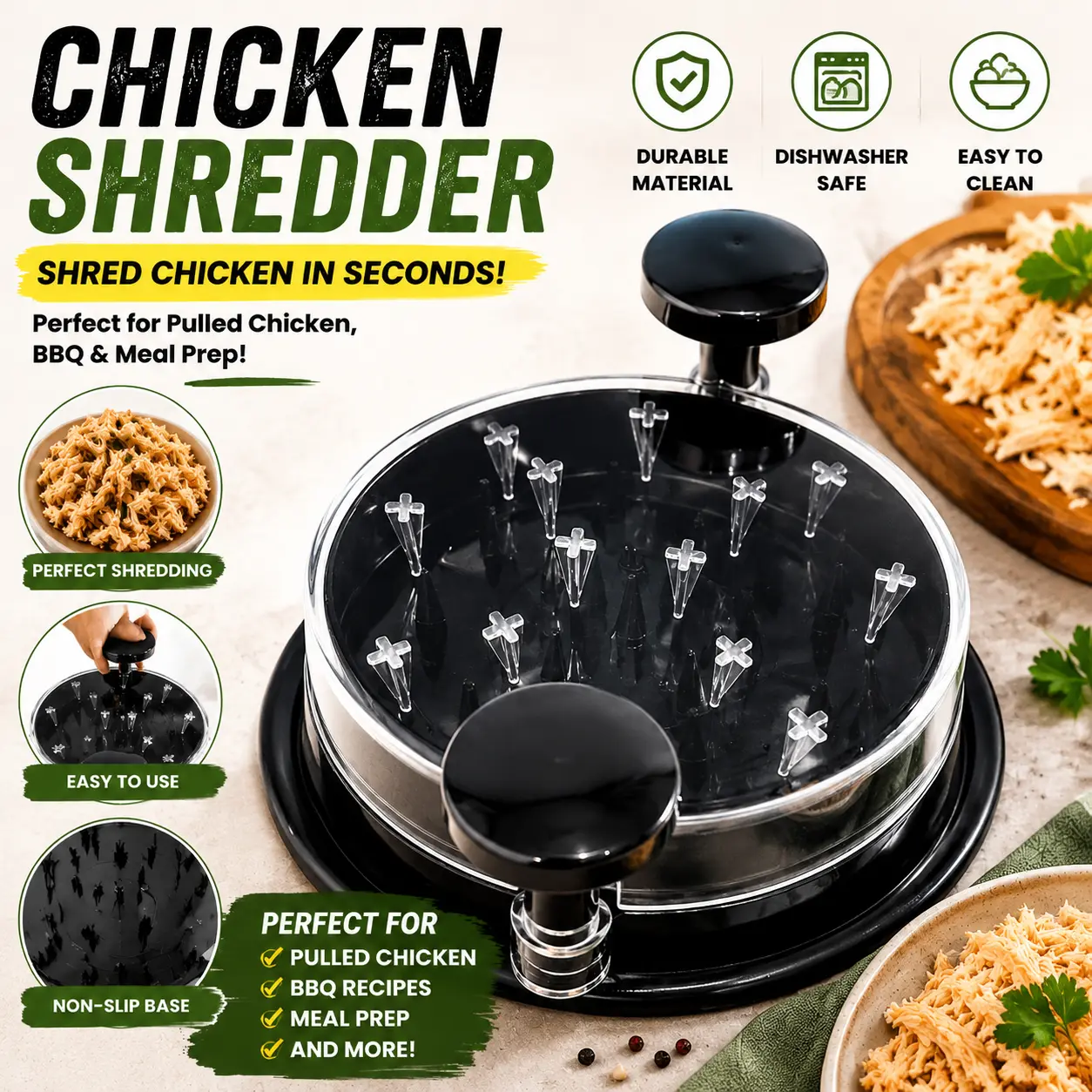 Chicken Shredder Tool for Pulled Chicken, Manual Meat Shredder with Powerful Shredding Teeth, BBQ Kitchen Gadget for Fast Meal Prep