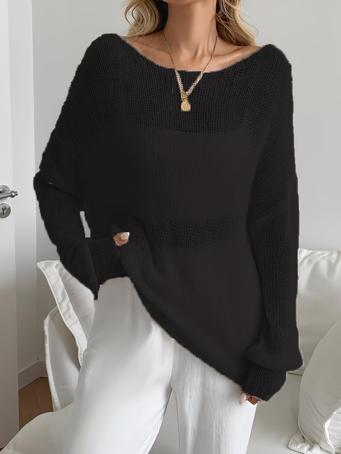 [Breathable Mesh Pullover] Women's Off-Shoulder Sweater - Breathable Mesh Panels & Relaxed Fit Long Sleeve Pullover for Spring/Summer, Elegant Semi-Sheer Loose Top with Medium Stretch, Chic Casual Wear, Seasonal Wardrobe, Stretchy Fabric, Summer Wardrobe