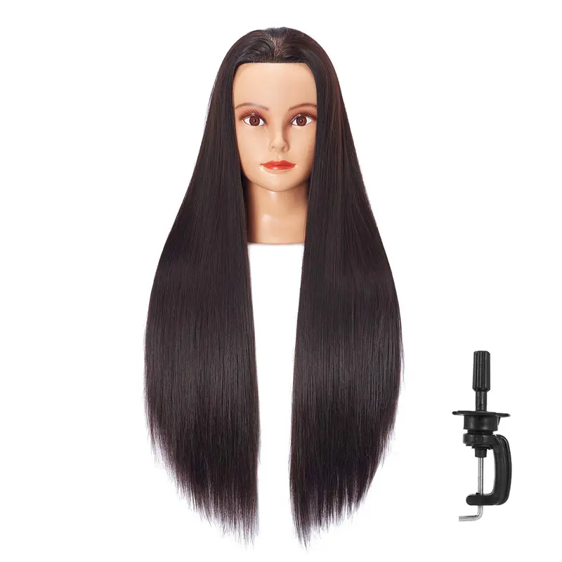 26-28'' Mannequin Head Synthetic Fiber Long Hair Styling Training Head Dolls for Cosmetology Manikin Maniquins Practice Head with Clamp Stand Holder
