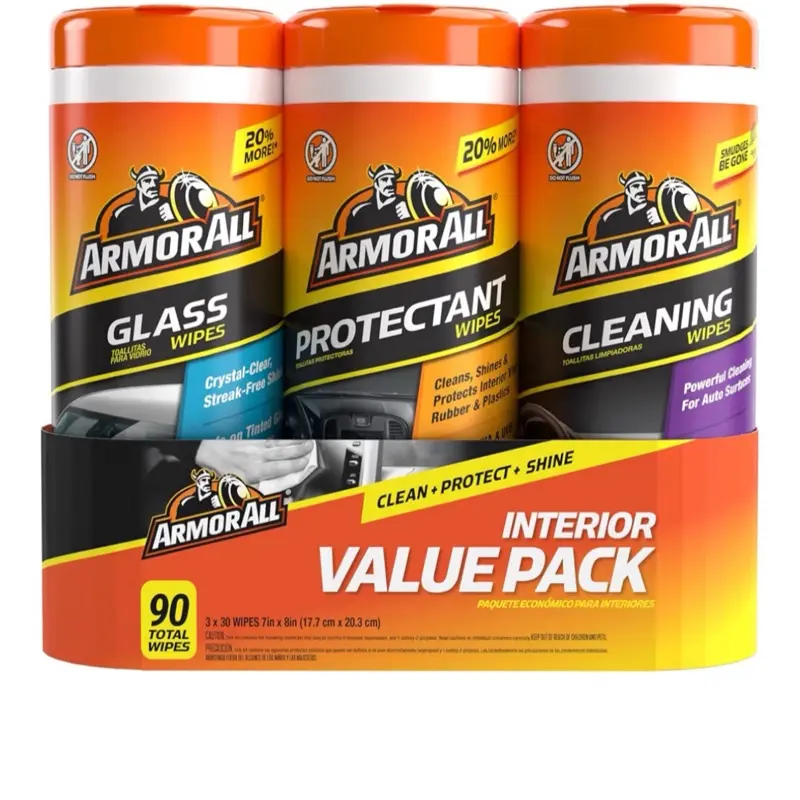 Armor All Protectant, Glass and Cleaning Wipes, Wipes for Car Interior and Car Exterior, 30 Count Each (Pack of 3)