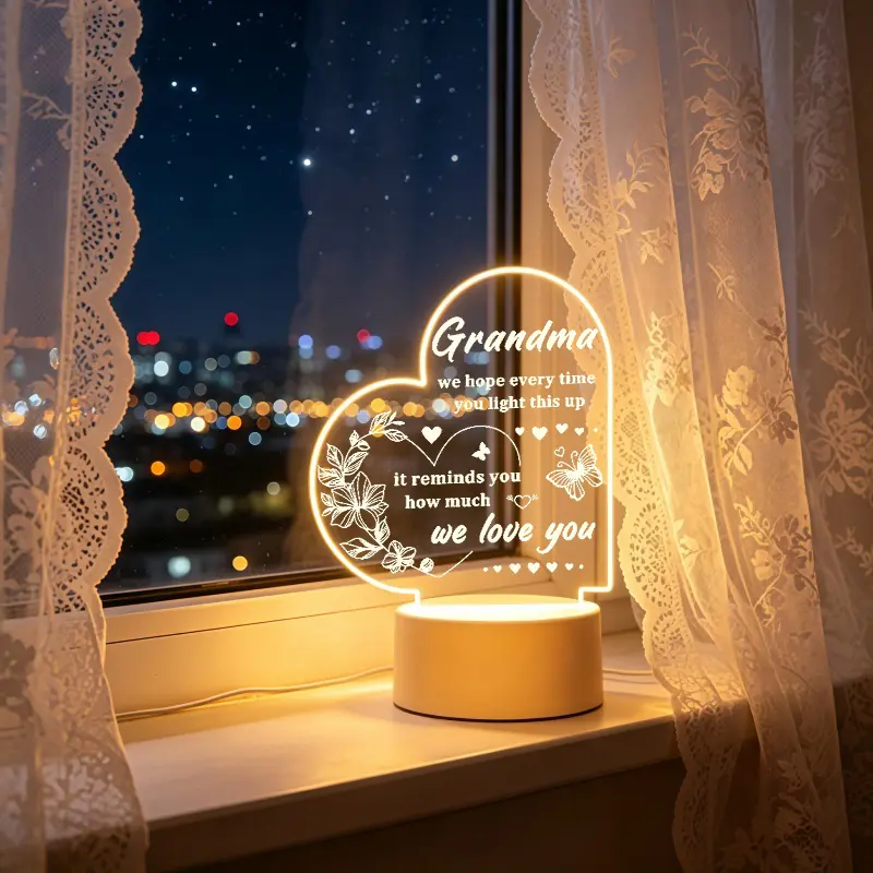 Heart Form Acrylic Night Light - Novelty Lighting, Illuminating LED Lamp with Engraved Loving Words, USB-Powered Decorative Atmosphere Lighting for Grandma, Cozy Ambience Bedroom Decor, Grandchildren’s Festive Gift (Mother’s Day, Birthday), Mothers Day