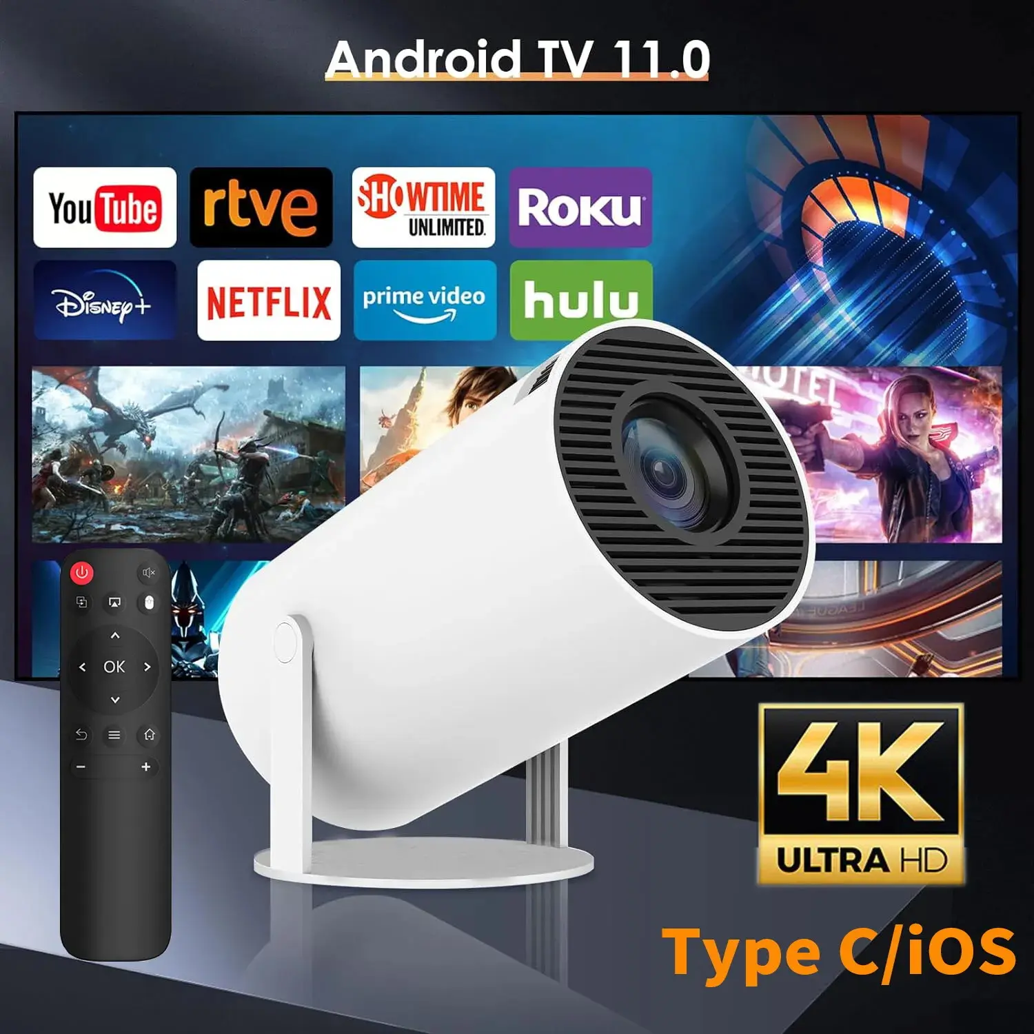 Android TV 11.0 Mini Portable Projector 10000 Lumens LED 1080p, WiFi Bluetooth, USB, HDMI, 4K Support, Automatic Cable, Portable Home Theater