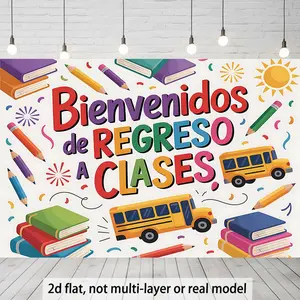 1PC 2D Flat Polyester Reusable Photo Backdrop, Spanish Back to School Classroom Decor Banner, Colorful Books-School Bus-Pencils Elements Wall Background, Photo Prop for Birthday, Photo Backdrops