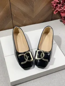 Ladies Square Toe Ballet Flats with Water Diamond CD Metal Buckle, Concise Glossy Patent Leather Upper, Slim Foot Design for All Seasons Casual Daily Wear Rubber Footwear