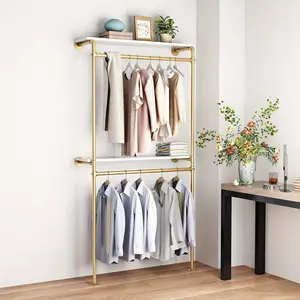 2 Tier Shelves Gold/Black Pipe Clothing Racks, Wall Mounted Clothes Rack With Double Hanging Rods Heavy Duty Garment Storage Rack Display Racks Rod For Clothes, Laundry Room Hangers Organizer Minimalist Modern Metal Organiser Hangable Gold-2Shelf