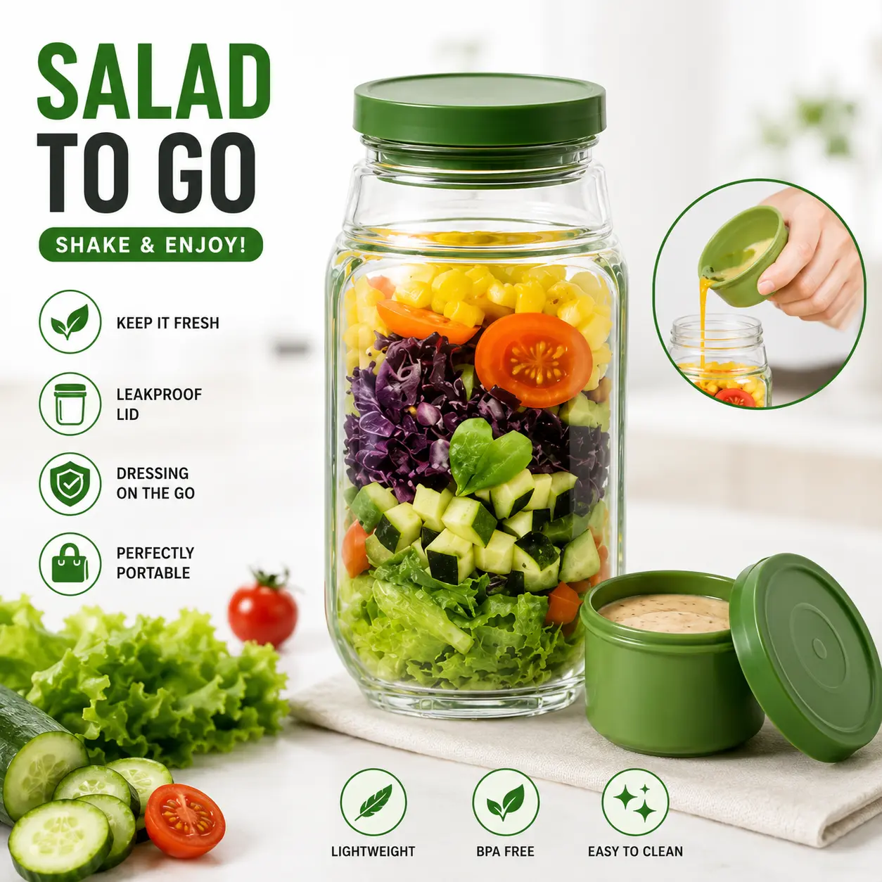 Salad to Go Shake & Enjoy! Leakproof Jar with 2.5oz Dressing Capsule BPA Free Food Grade Tritan Body Fresh Tasty Salads Anytime Anywhere