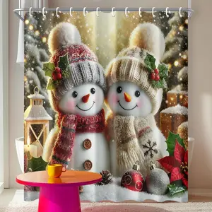 Christmas Snowman Shower Curtain, Holiday Bathroom Curtain with Winter Scene Fabric for Xmas Home or Guest Bathroom Decor