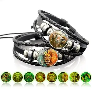 Glow in the Dark Zodiac Bracelet for Women & Men, Braided Leather Bracelet, 12 Astrology Signs Jewelry Gift