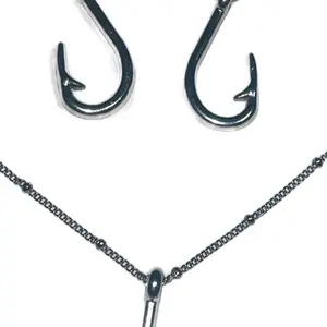 Silver Color Fishing Hook Necklace and Earrings Set with Chain Design