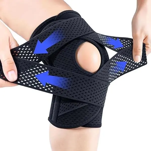 Elastic Knee Brace for Adults - Adjustable Mesh Knit Wrap with V-Shaped Straps, Metal Spring Side Stabilizers, Open Patella Pad, Breathable Compression Support for Knee Pain Relief, Injury Recovery Aiding