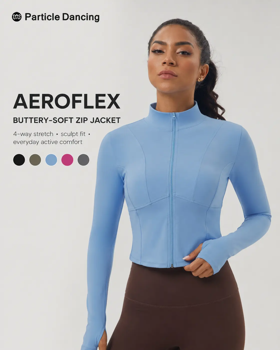 Women’s Cropped Zip Up Workout Jacket, Mock Neck Long Sleeve Activewear Top with Thumb Holes, Soft Stretch Pilates Layer for Gym, Studio-to-Street & Everyday Wear