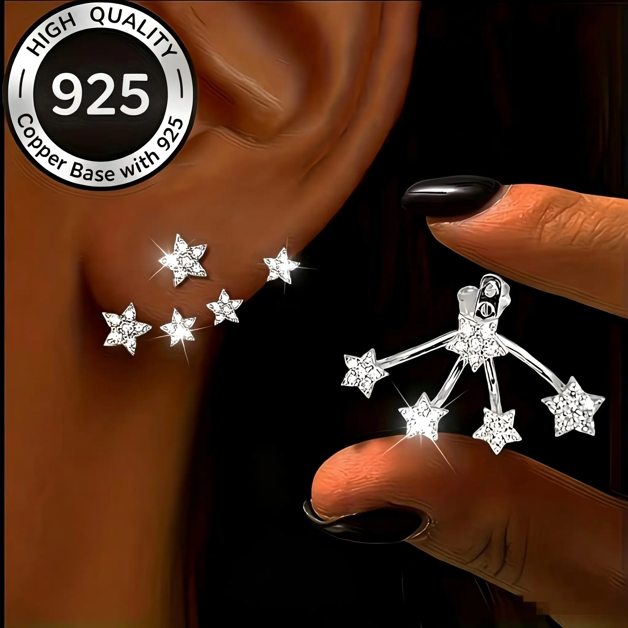 925 Silver-Plated Copper Dangling Star Jacket Earrings Set - Bling Effect, High-Quality Hypoallergenic, Unisex Hip Hop Style, Ideal Holiday Gifts, Dangling Star Earrings