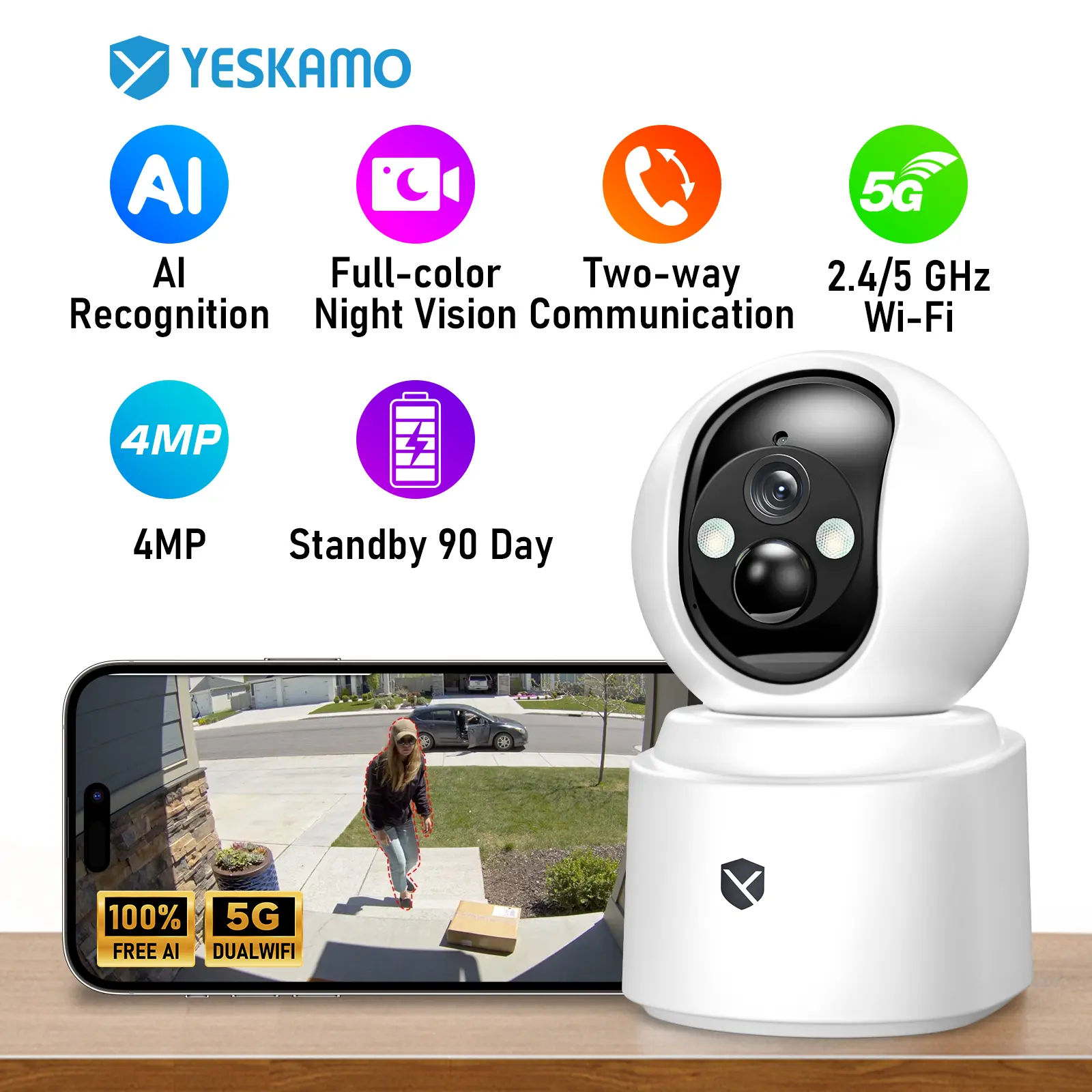 Wireless Battery Security Camera, 6000mAh Rechargeable WiFi Camera with Motion Alerts, Color Night Vision, Spotlight & Two-Way Audio Mount,father'sdaygifts