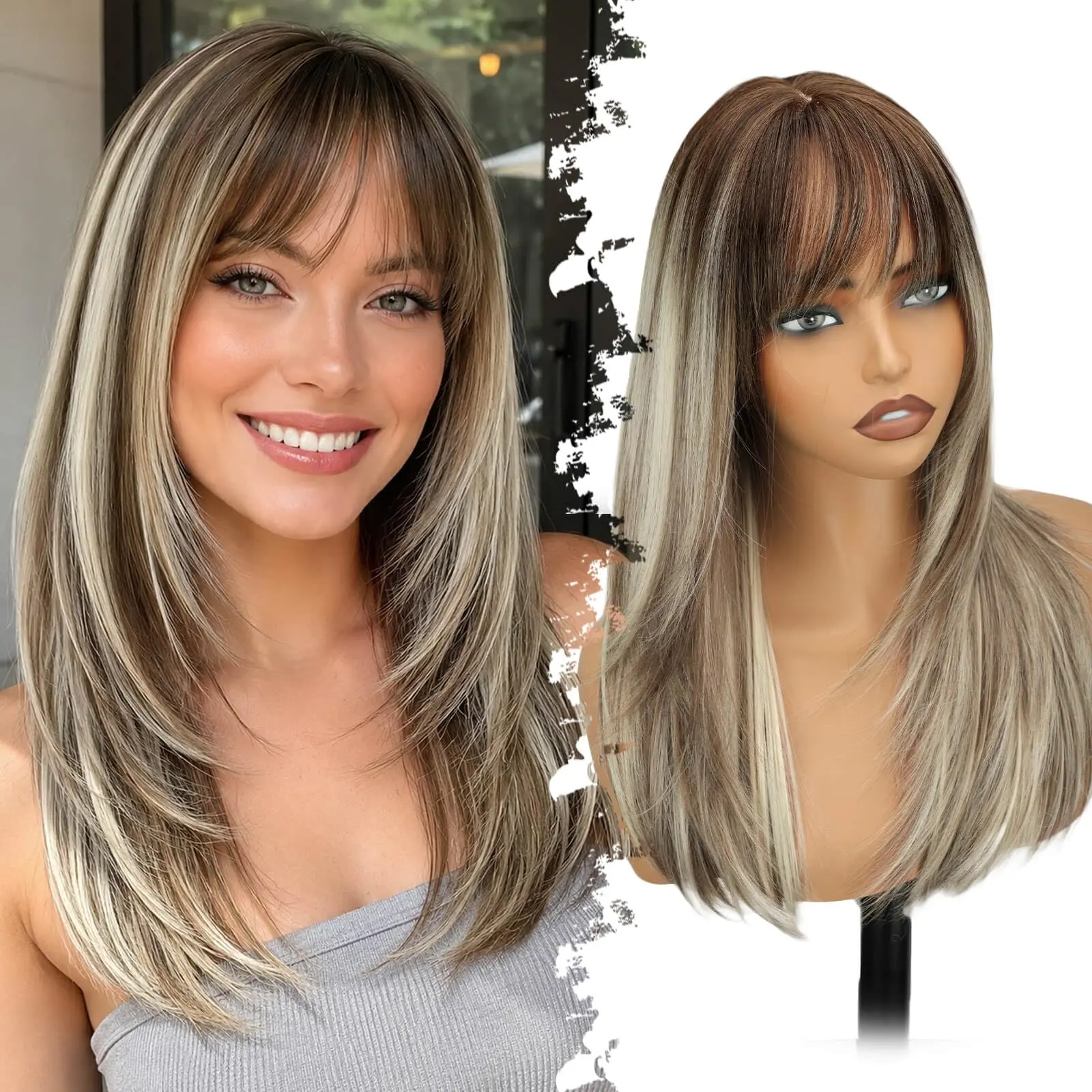 ORSUNCER Wig with Bangs for Women,Ombre Blonde Brown Synthetic 4x4 Scalp Wig | Glueless Realistic Scalp,Beginner Friendly,Straight Face-Framing Layers, Medium Length,Daily Cosplay Wear