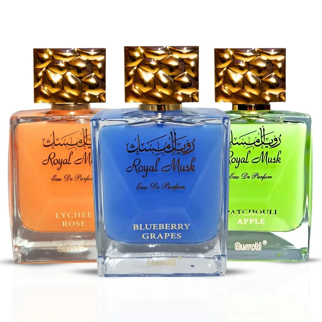 Royal Musk Blueberry Grapes, Patchouli Apple, Lychee Rose Unisex EDP Fragrance Bundle - 100ML (3.4oz) Regular Sprays with Fruity, Gourmand Scents