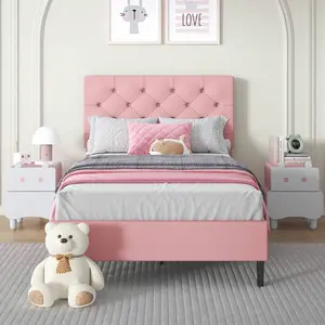Bed Frame, Upholstered Platform Bed With Headboard, PU Leather Fabric Bed Frame, Button Tufted Design, Blue Bed Frame Queen Full Twin , No Box Spring Required, Easy Assembly