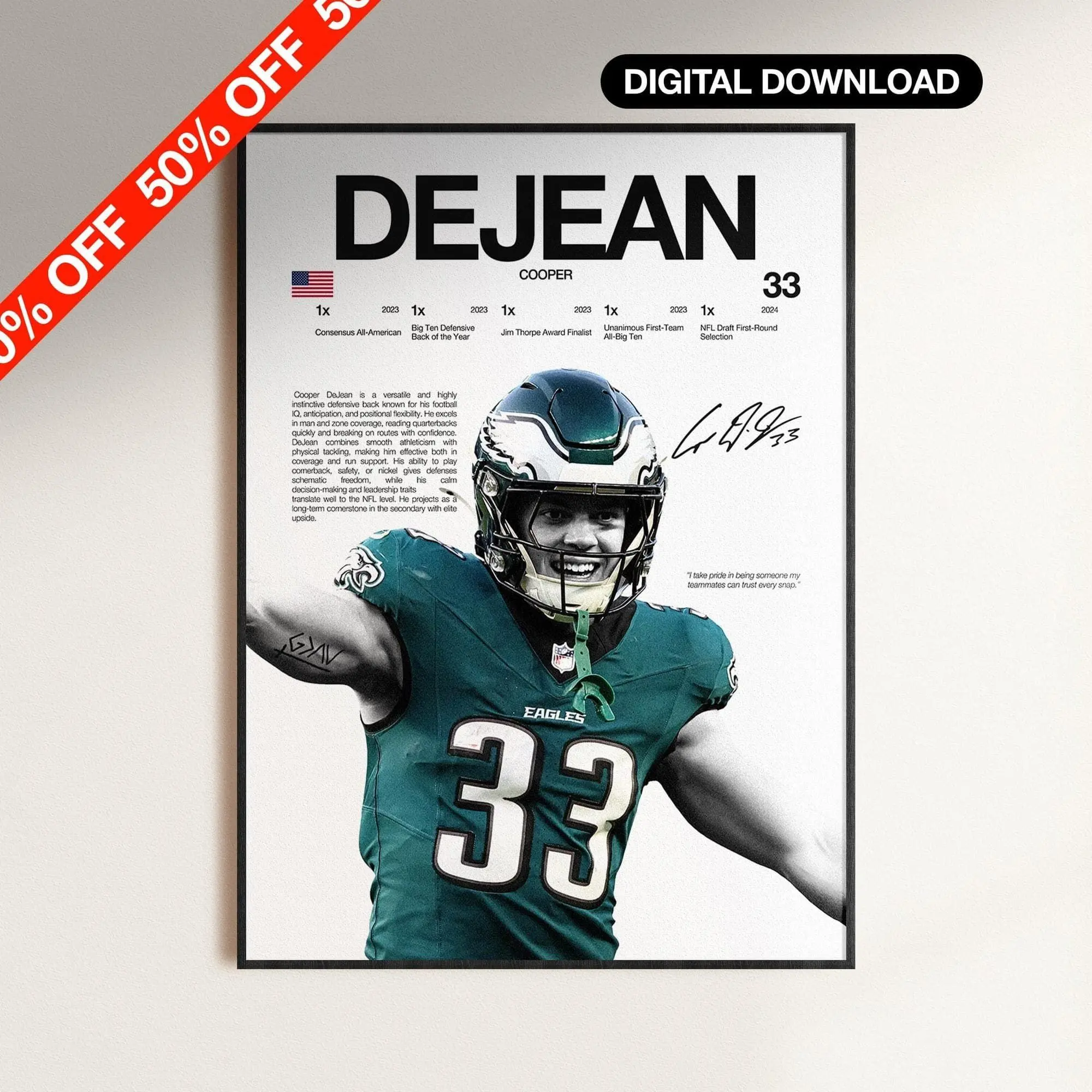 Cooper DeJean Poster, NFL Wall Print, Football Digital Download, NFL Poster Print, Sports Decor, Philadelphia Poster, NFL Player Gift