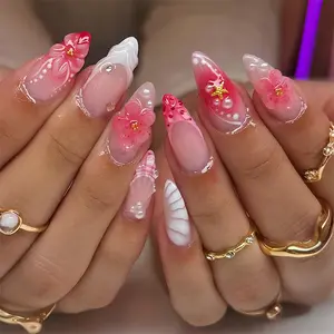 30pcs Almond Shape Nail Tips with 3D Floral Design, Ombre Finish and Star Accents, Transferable Nail Art, Includes Jelly Adhesive and File, Medium Length and Glossy Finish