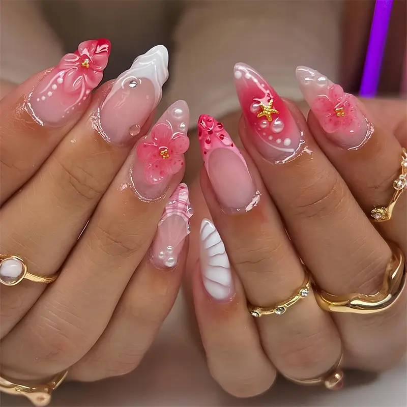 30pcs Almond Shape Nail Tips with 3D Floral Design, Ombre Finish and Star Accents, Transferable Nail Art, Includes Jelly Adhesive and File, Medium Length and Glossy Finish