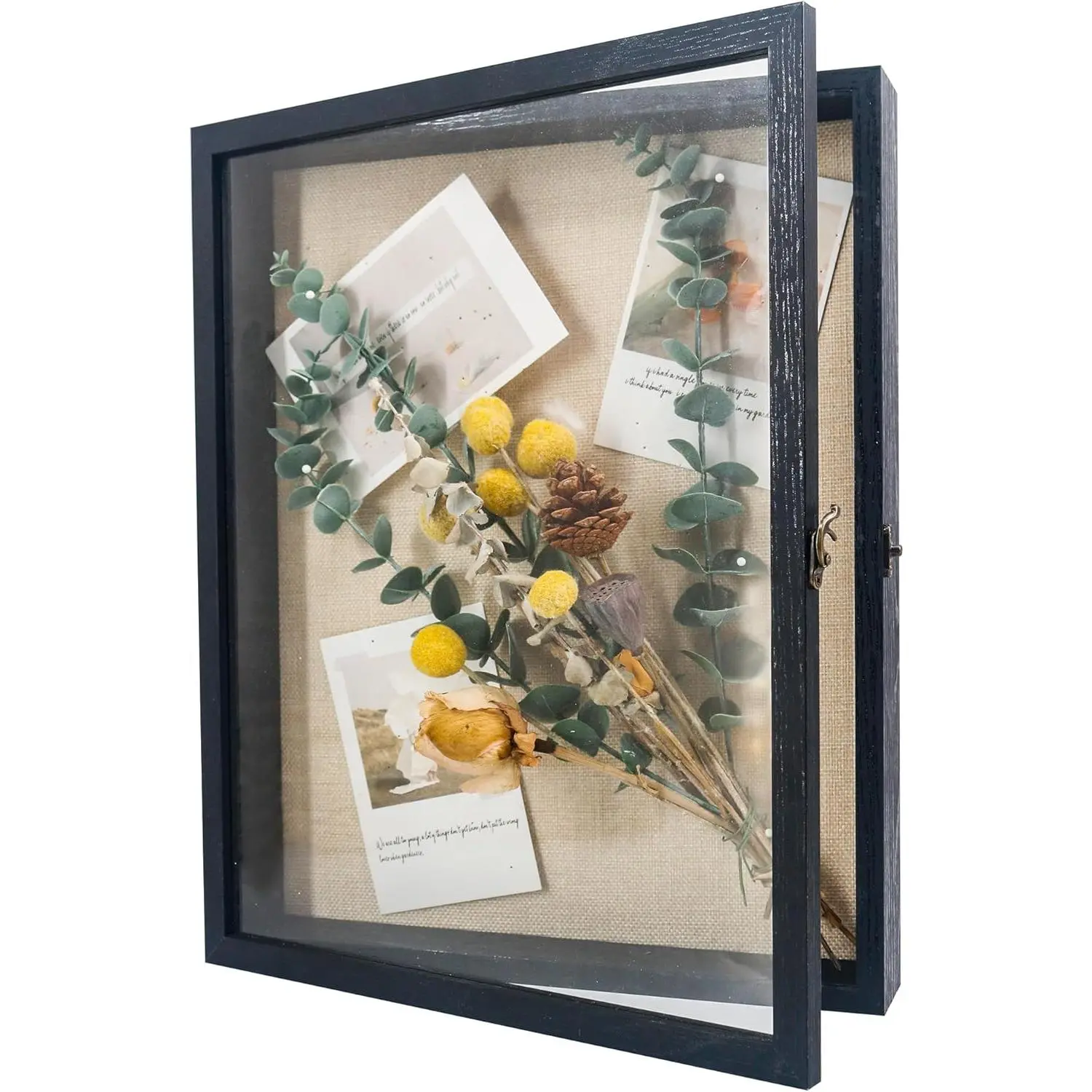 Rustic Black Shadow Box Frame (12.5"x15.5") with Glass Door, Synthetic Linen Backing, 6 Stick Pins, 1.5"-1.8" Depths, Hardware Included - for Collectibles, Memorial Memorabilia, Birthday Wall Decor