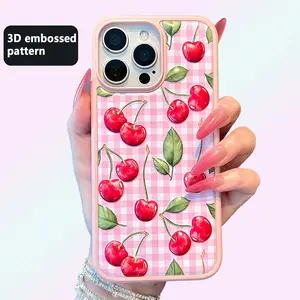 Cute Cherry Case with 3D Texture for iPhone 13-17, Fruit Print Soft TPU Shockproof Shape Cover, Slim Flexible Protective Shell with Full Camera Protection for Girls
