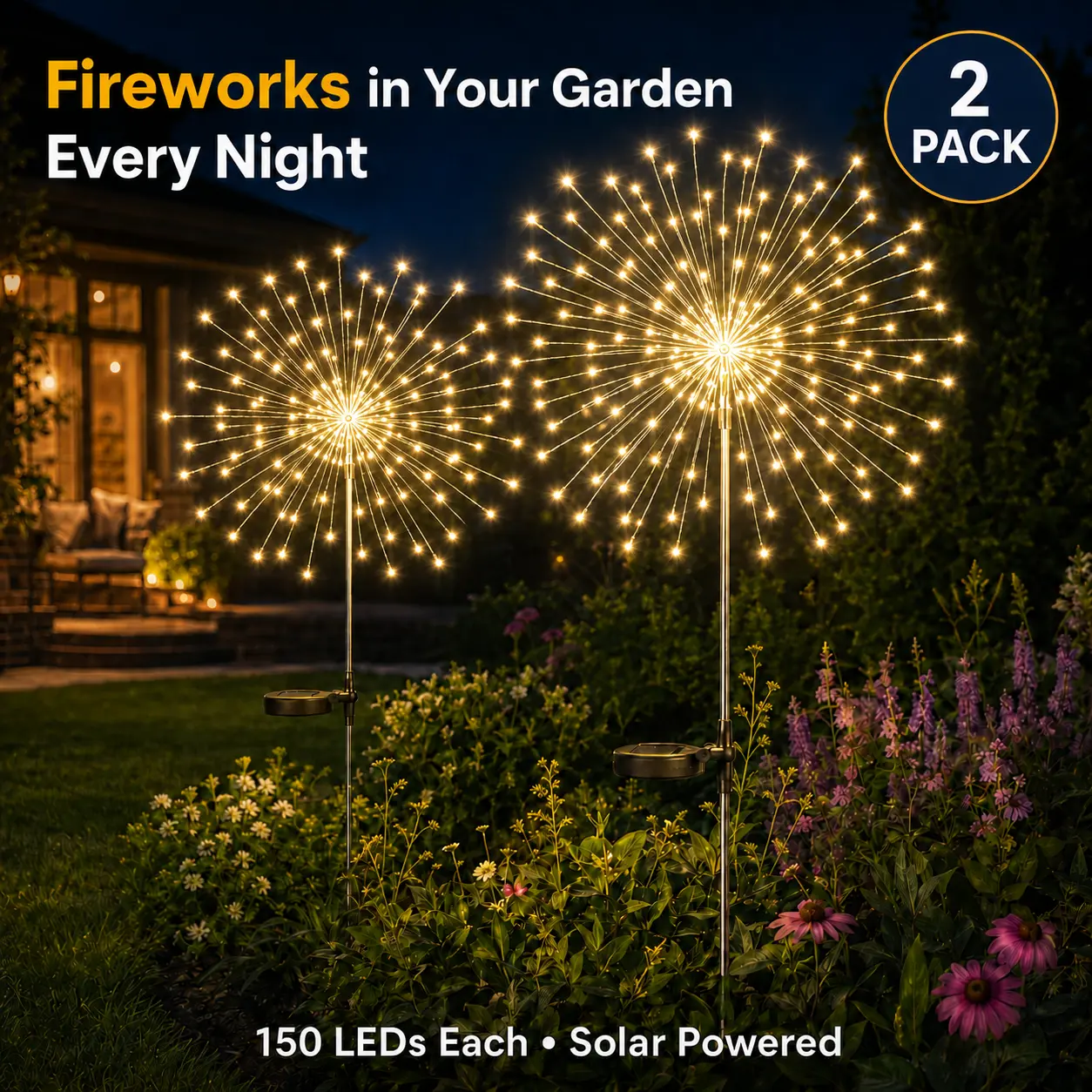PINKART Solar Outdoor Garden Firework Fairy Stake Lights, 150 LED Warm White Dandelion Lights with 2 Modes & Auto On/Off, 2-8 Pack for Patio, Holiday, Flower Bed Decor