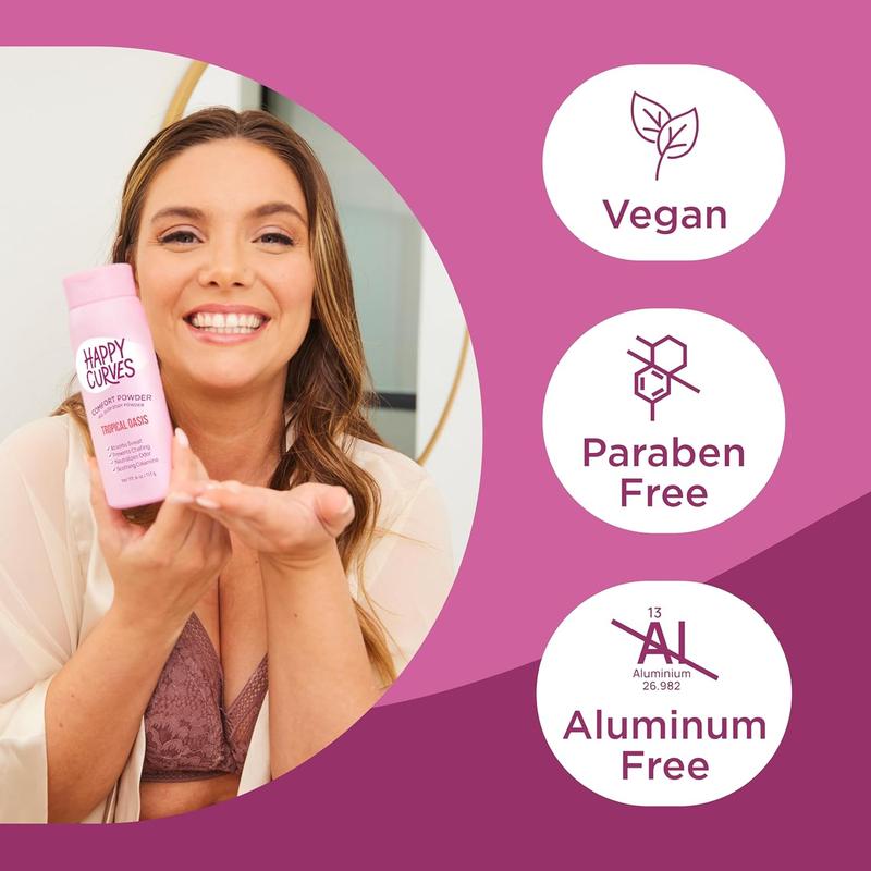 HAPPY CURVES Comfort Powder: Talc Free Anti Chafe Body & Foot Dusting Powder Deodorant to Control Inner Thigh Chafing, Private Areas, and All Over Body for Women 4 oz. (1 Pack, Tropical Oasis)