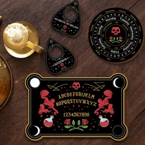 4-Piece Divination Set, Secret Style Ouija Board with Round Plate & Pointer Kit, Wooden Desktop Decor, Vintage Witchcraft Craft, Halloween Multi-Use