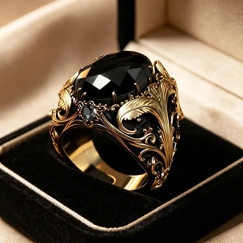Unisex Classic Solid Copper Ring - Retro Golden-Tone Elegant Statement Band with Oval Cut Black Rhinestone, for Casual Everyday Wear, Gift-Ready for Engagement & Anniversary