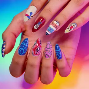 24pcs Millennial Almond Shape Colorful Beetle Nails, Graffiti Abstract Design Pointed False Tips, Summer Music Festival Party Nail Art