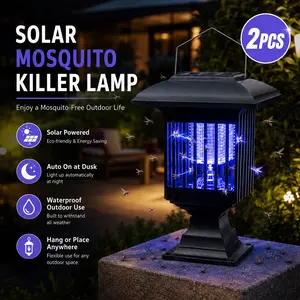 2 Pcs Solar Mosquito Zapper Lamp Outdoor Waterproof Lantern Style, Cordless Insect Control Light with White and UV Mode, Hanging Handle Solar Bug Zapper Outdoor, Portable Patio Bug Zapper for Backyard, Garden, Porch, Yard, Camping and Outdoor Evening Use